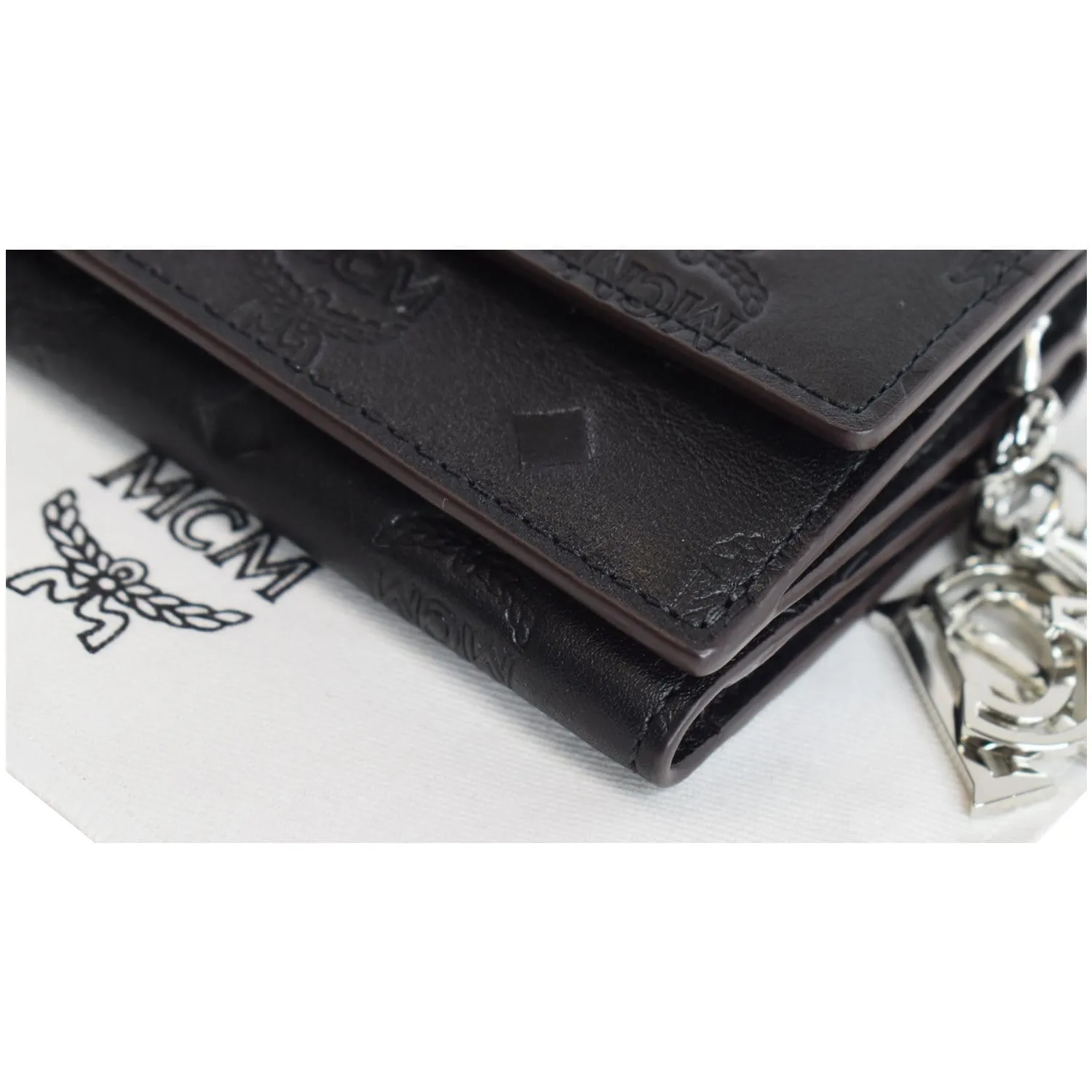 MCM Mini Klara Monogram Leather Tri-Fold Charm Wallet Black