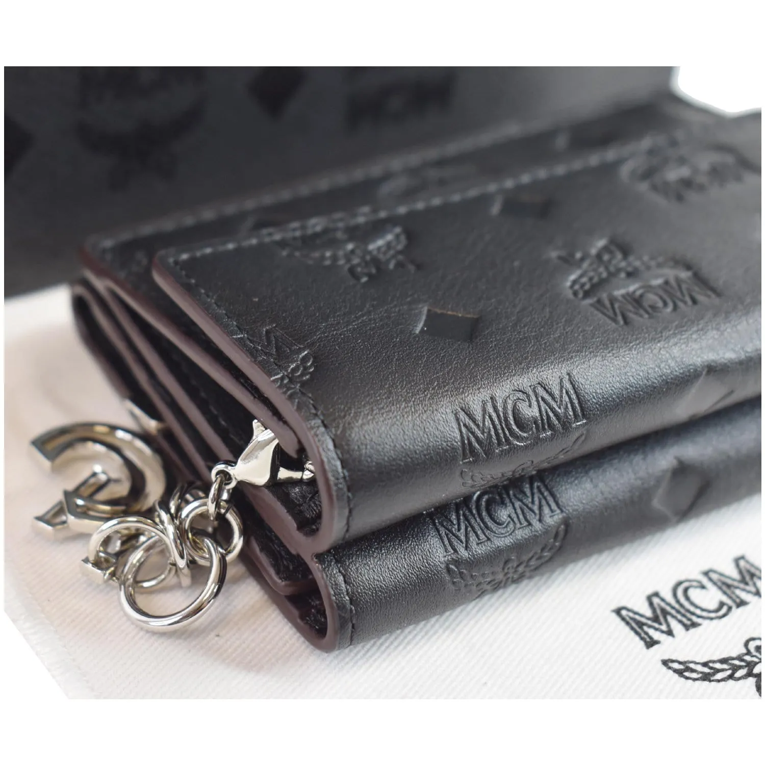 MCM Mini Klara Monogram Leather Tri-Fold Charm Wallet Black