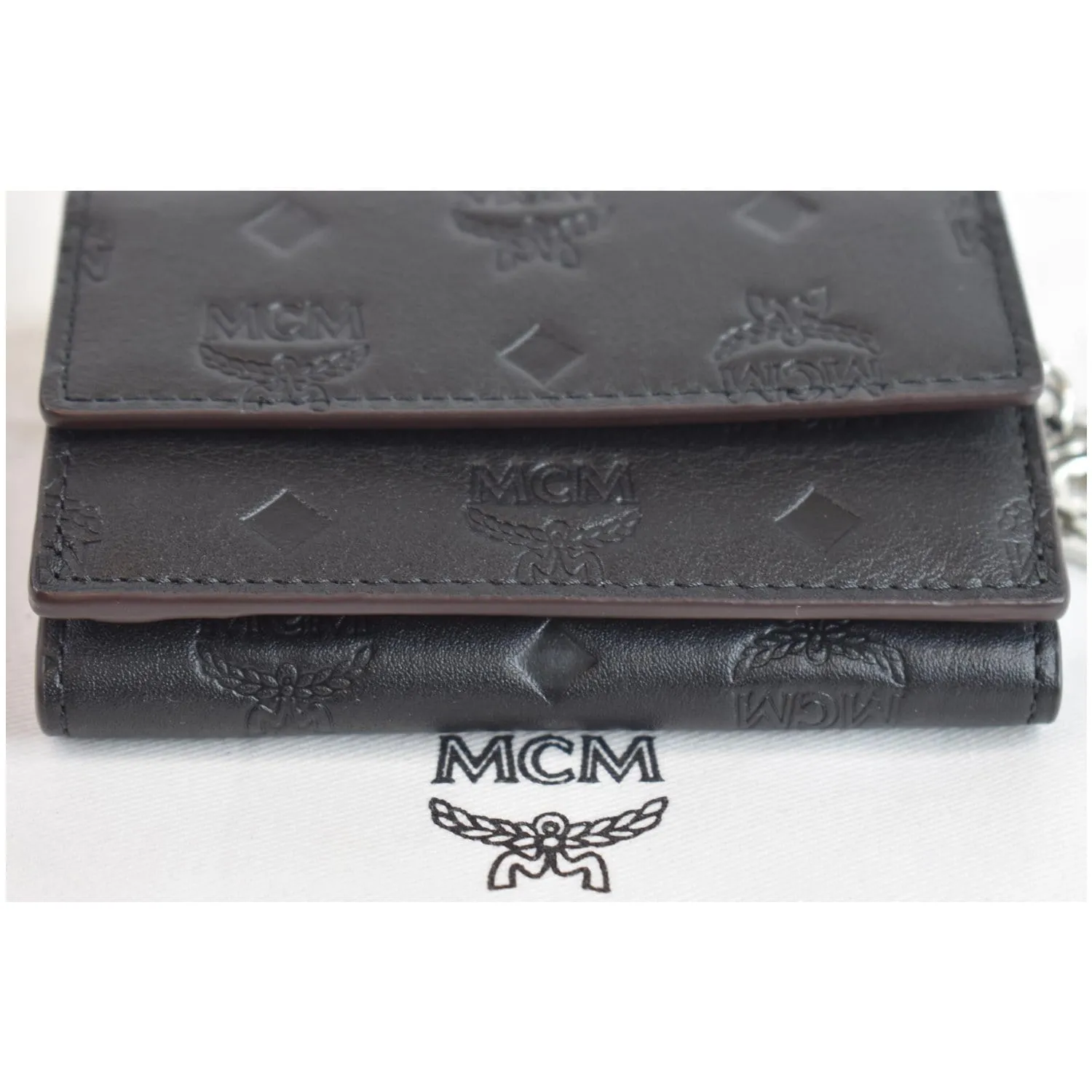 MCM Mini Klara Monogram Leather Tri-Fold Charm Wallet Black