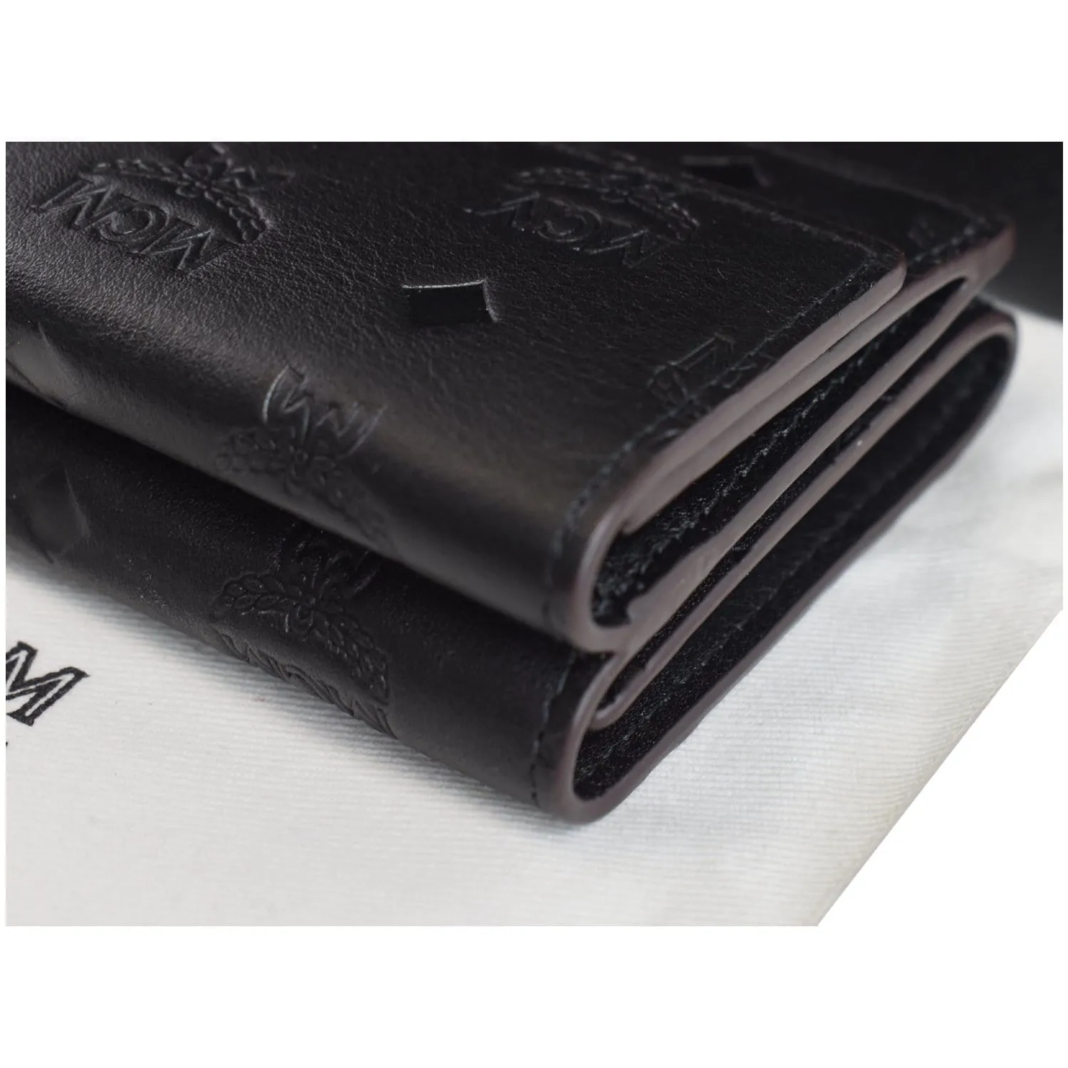 MCM Mini Klara Monogram Leather Tri-Fold Charm Wallet Black