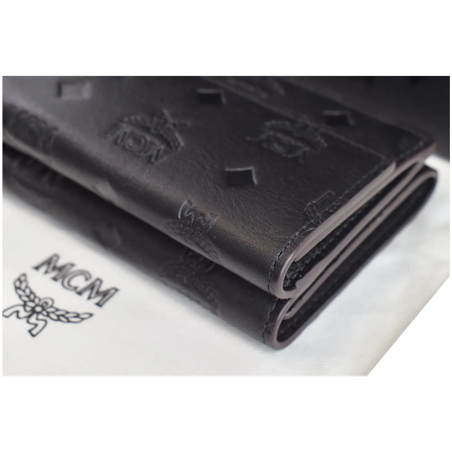 MCM Mini Klara Monogram Leather Tri-Fold Charm Wallet Black