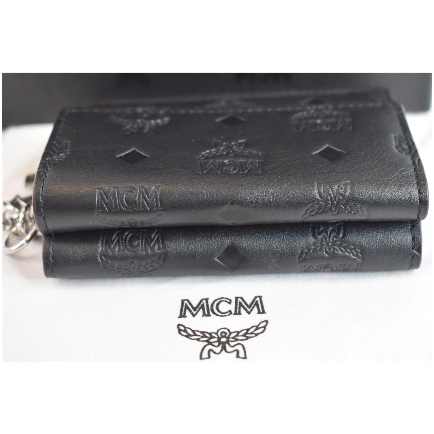 MCM Mini Klara Monogram Leather Tri-Fold Charm Wallet Black