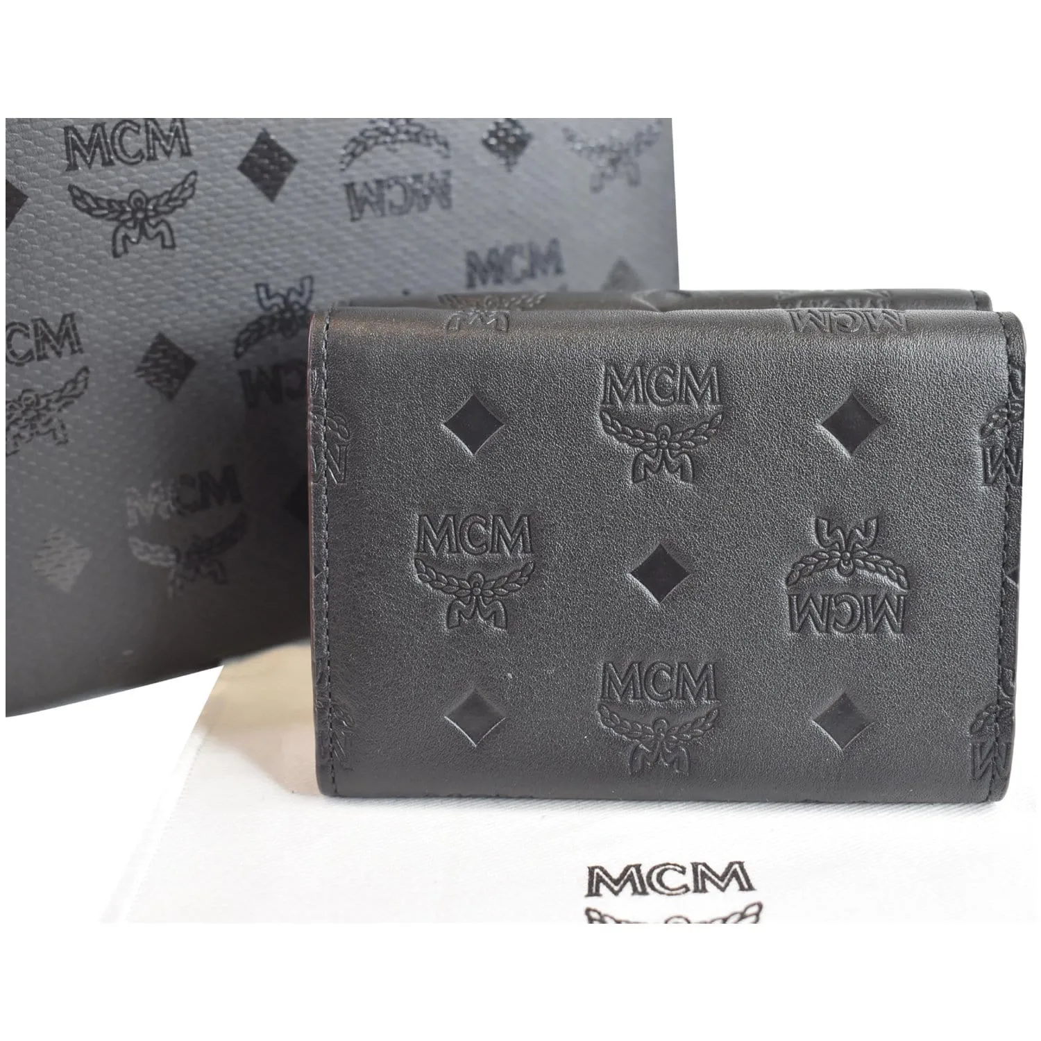 MCM Mini Klara Monogram Leather Tri-Fold Charm Wallet Black