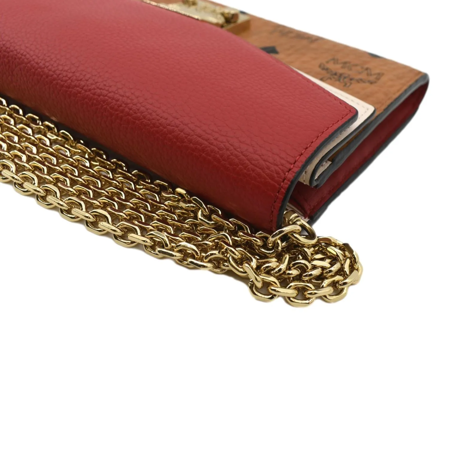 MCM Tracy Monogram Visetos Canvas Chain Crossbody Wallet Cognac