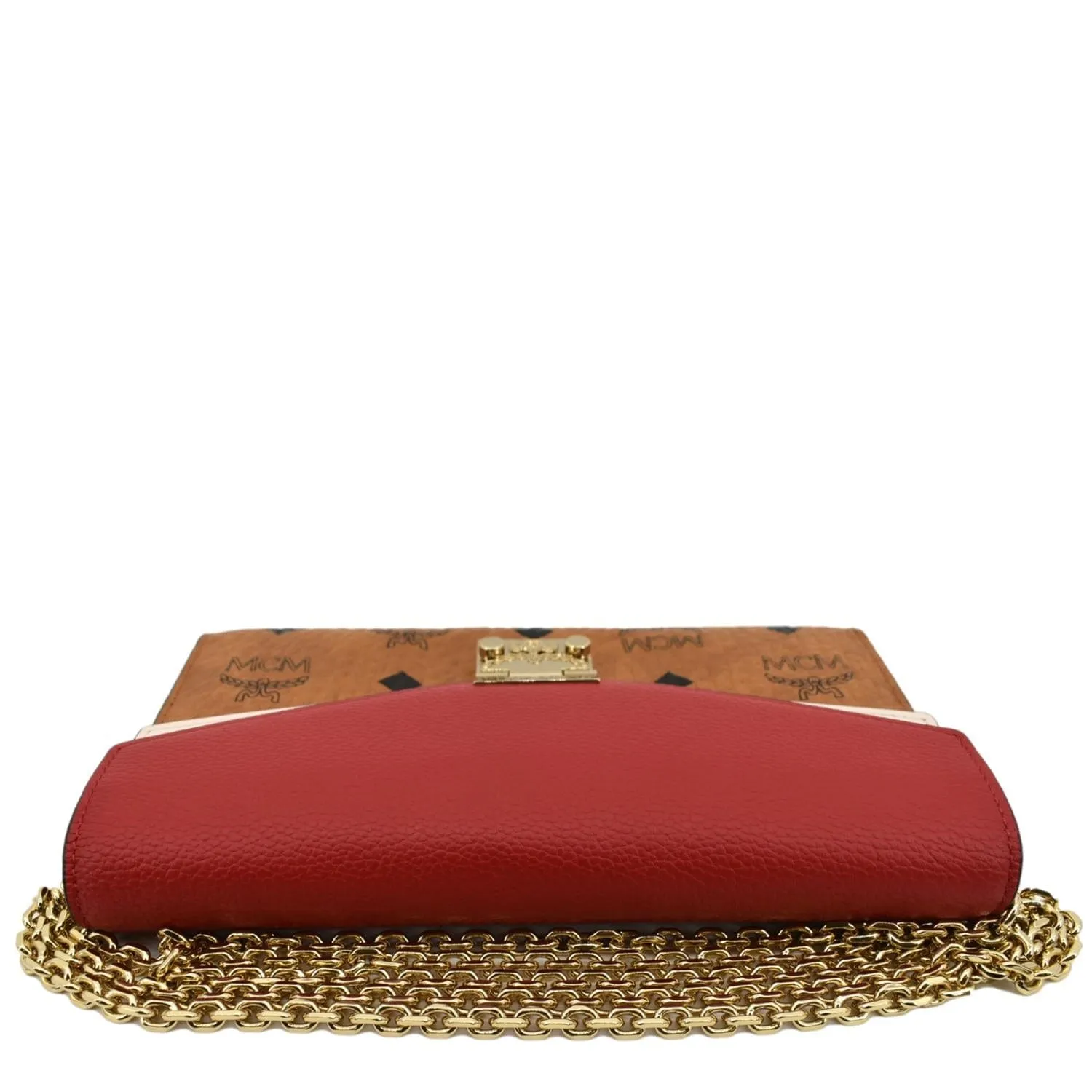 MCM Tracy Monogram Visetos Canvas Chain Crossbody Wallet Cognac