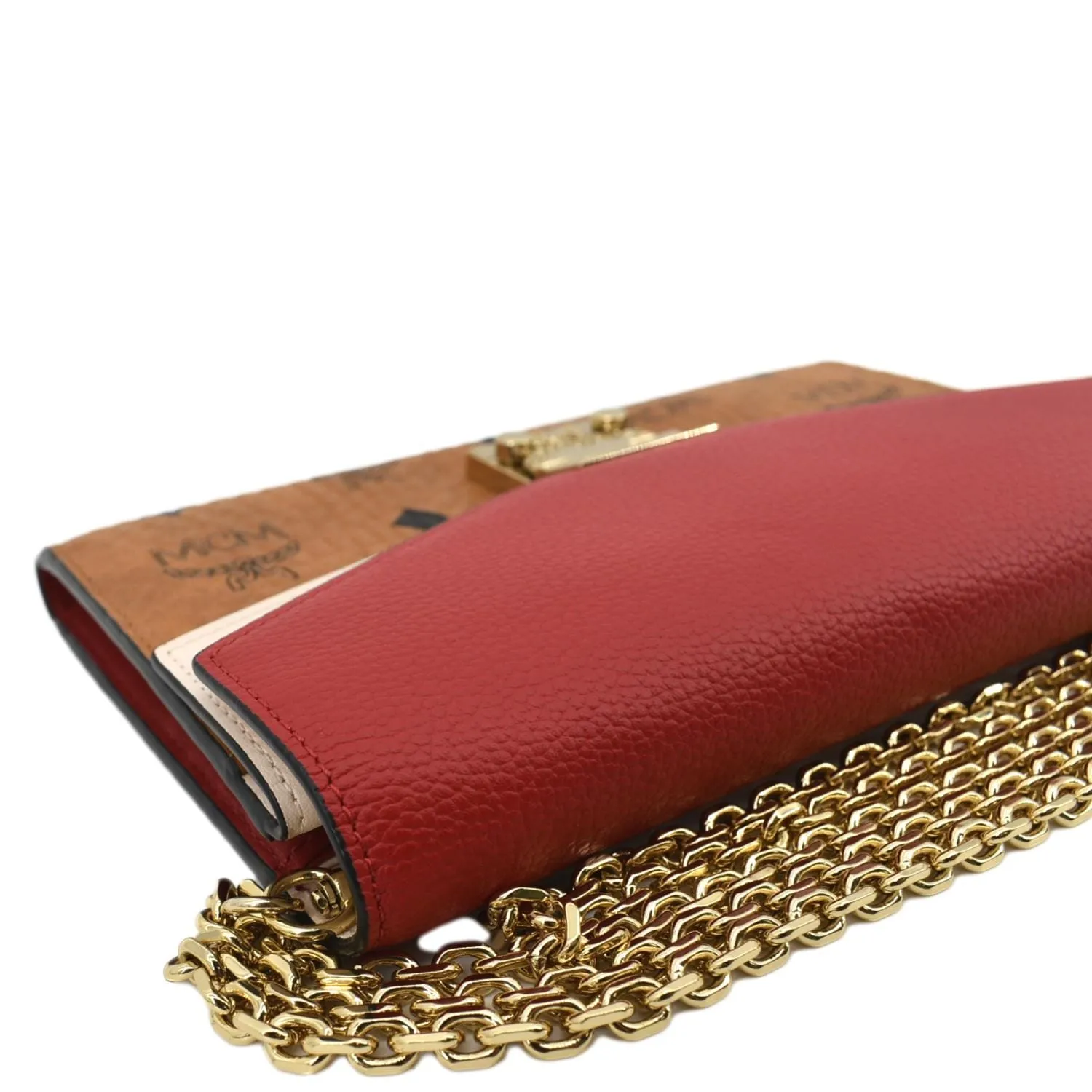 MCM Tracy Monogram Visetos Canvas Chain Crossbody Wallet Cognac
