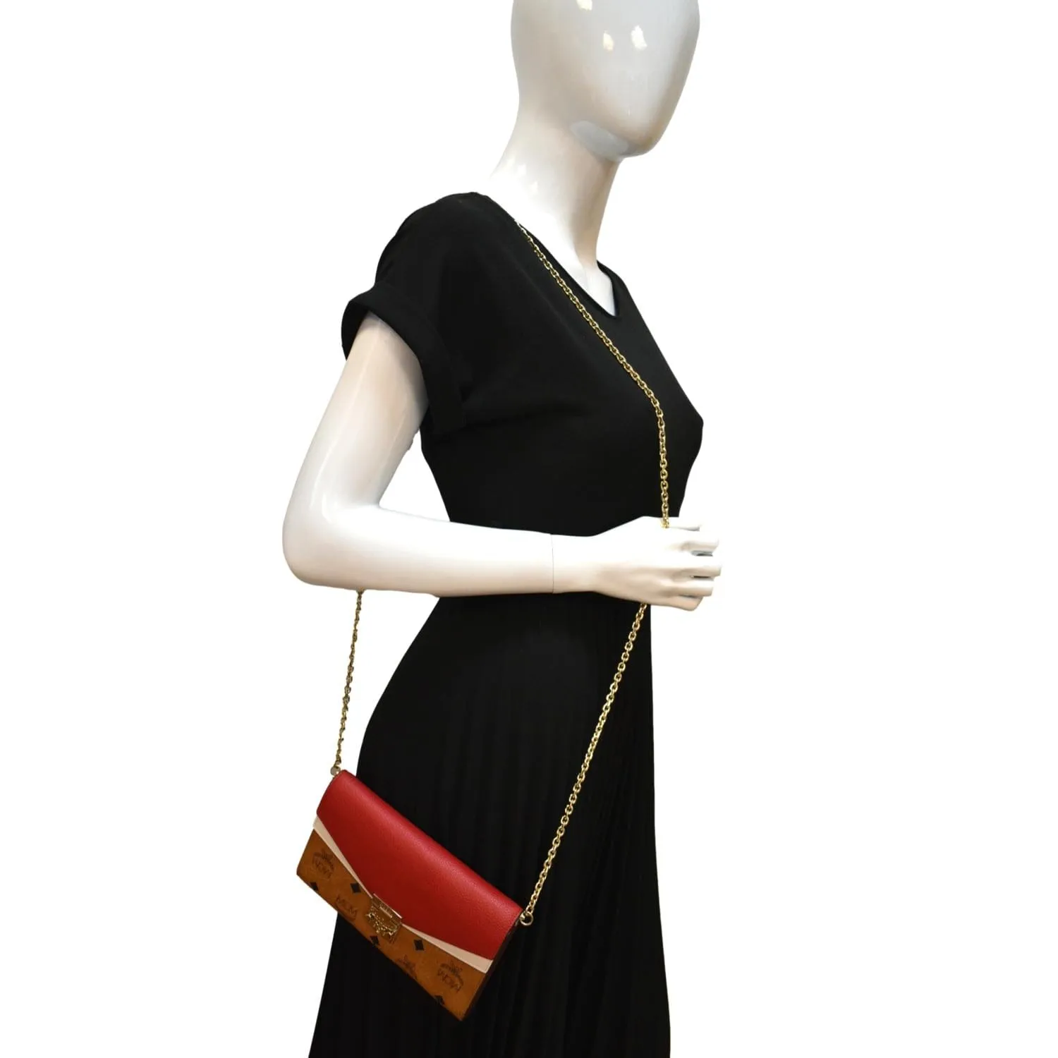 MCM Tracy Monogram Visetos Canvas Chain Crossbody Wallet Cognac