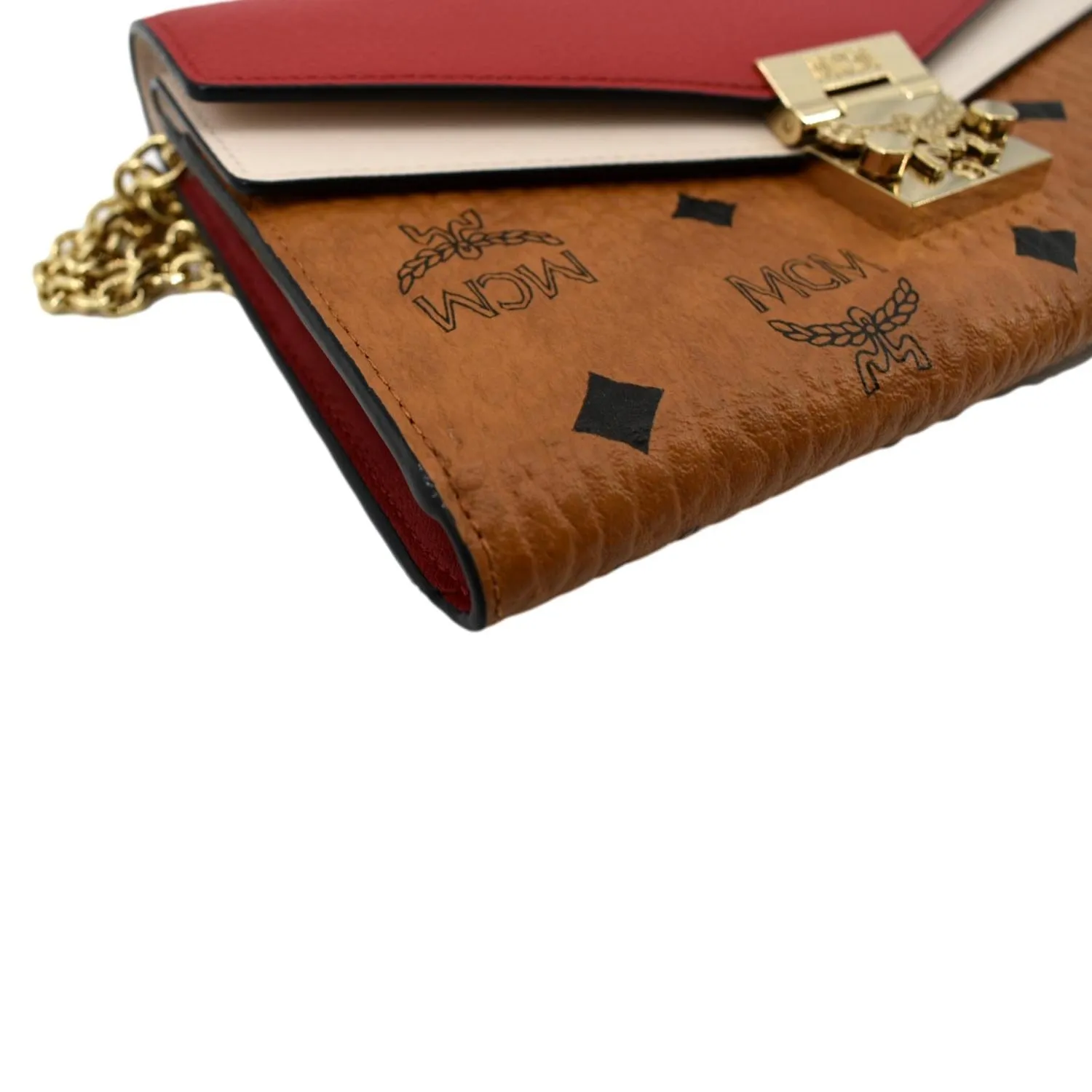 MCM Tracy Monogram Visetos Canvas Chain Crossbody Wallet Cognac