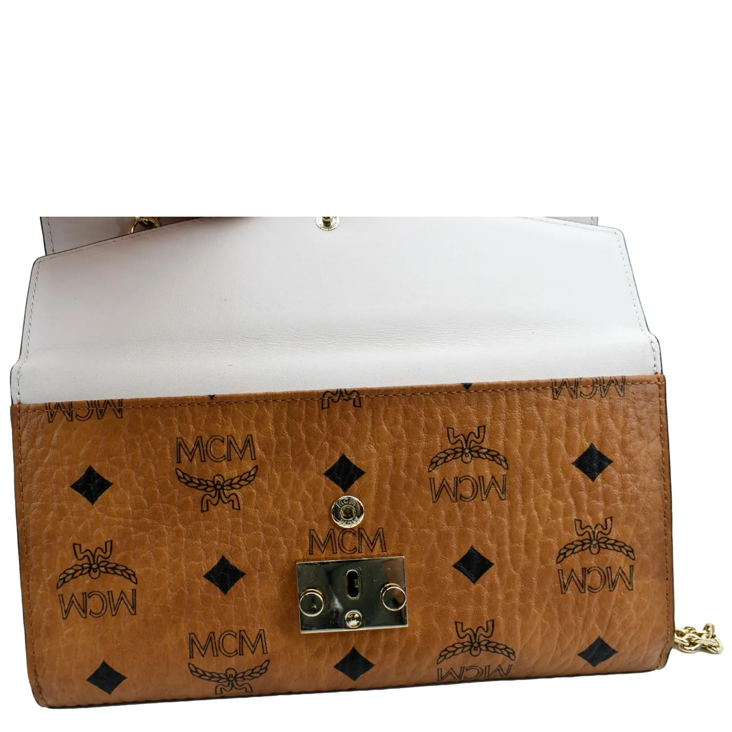 MCM Tracy Monogram Visetos Canvas Chain Crossbody Wallet Cognac