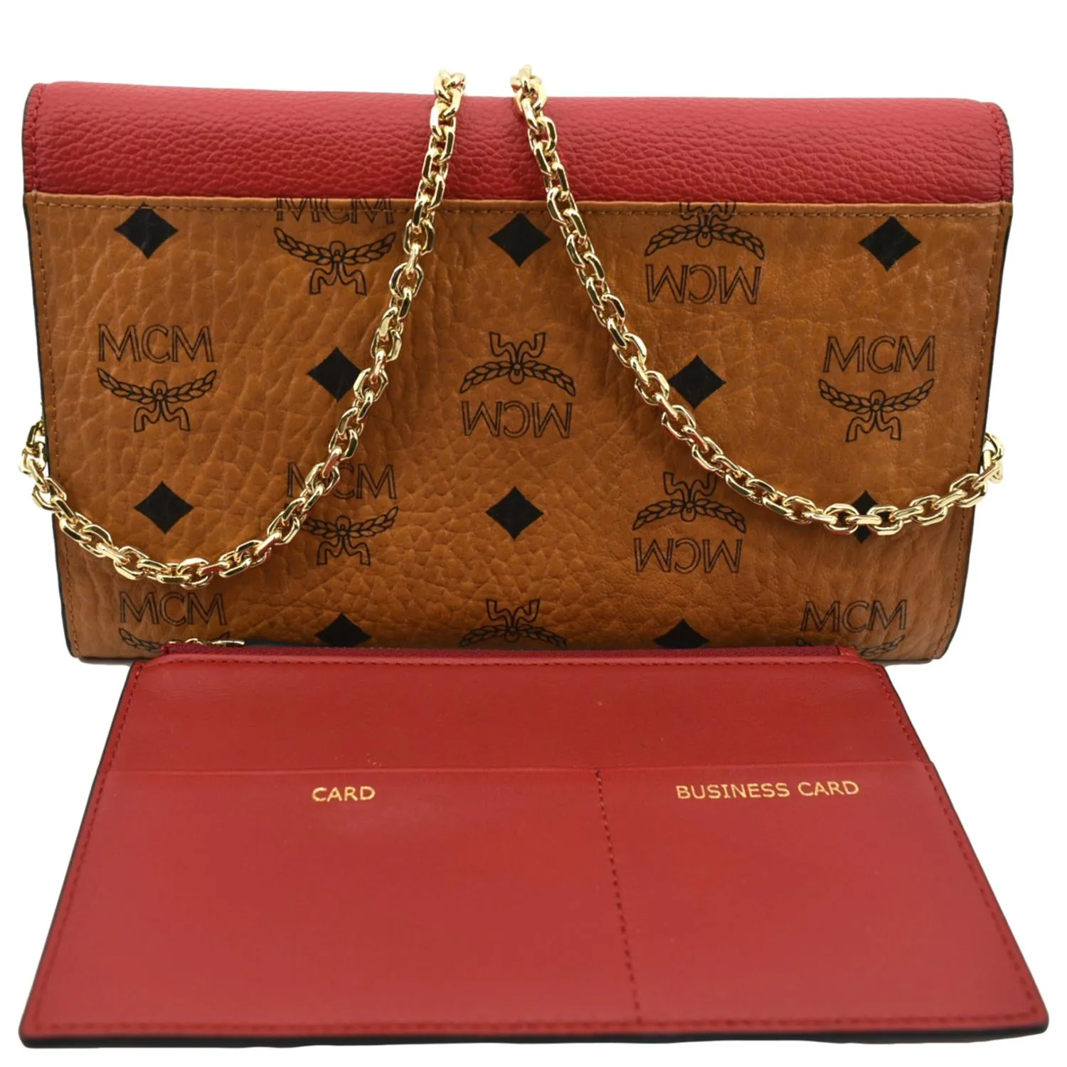 MCM Tracy Monogram Visetos Canvas Chain Crossbody Wallet Cognac