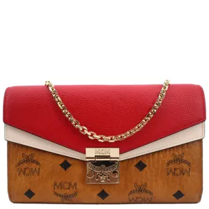 MCM Tracy Monogram Visetos Canvas Chain Crossbody Wallet Cognac