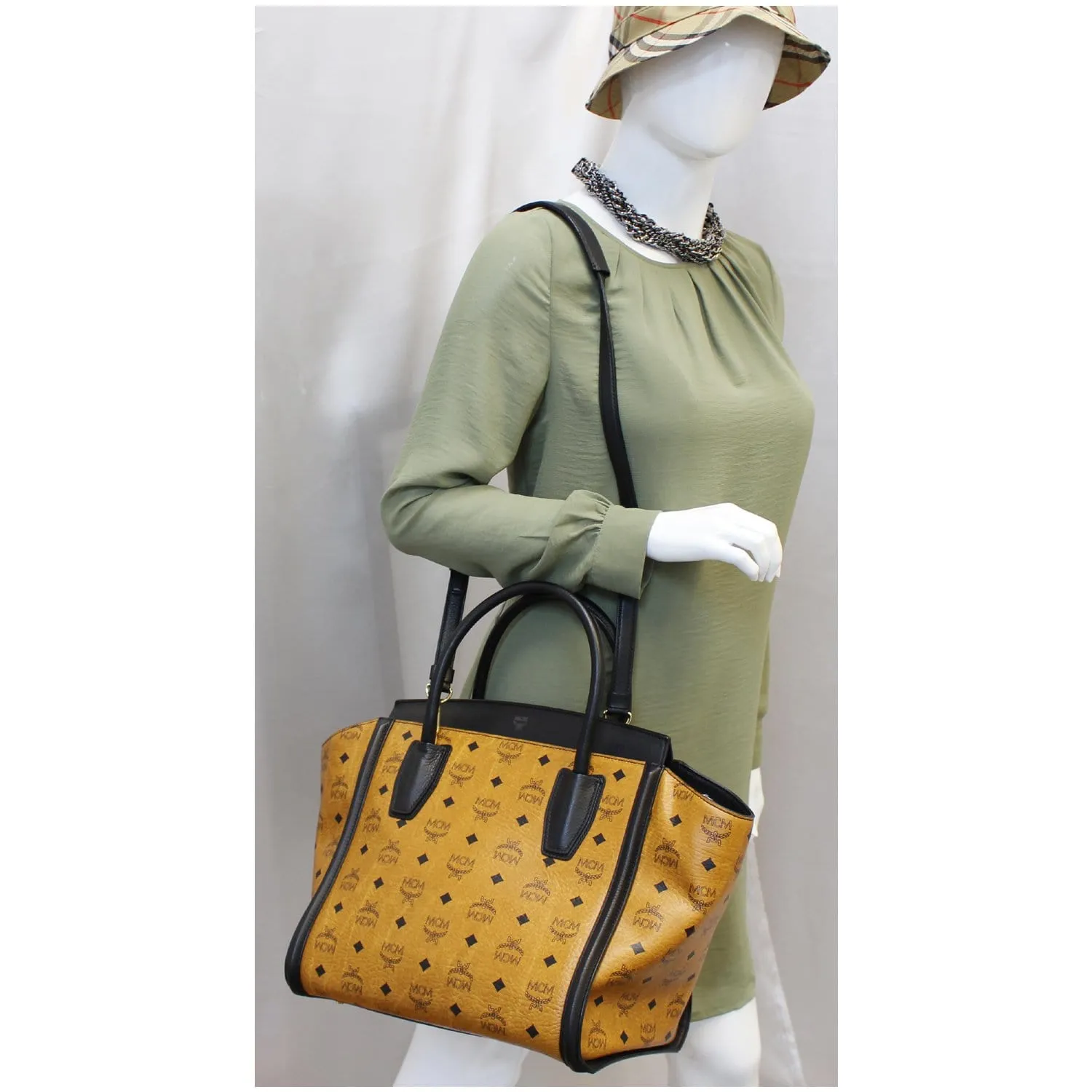 MCM Vintage Visetos Small Cognac Tote Bag Black