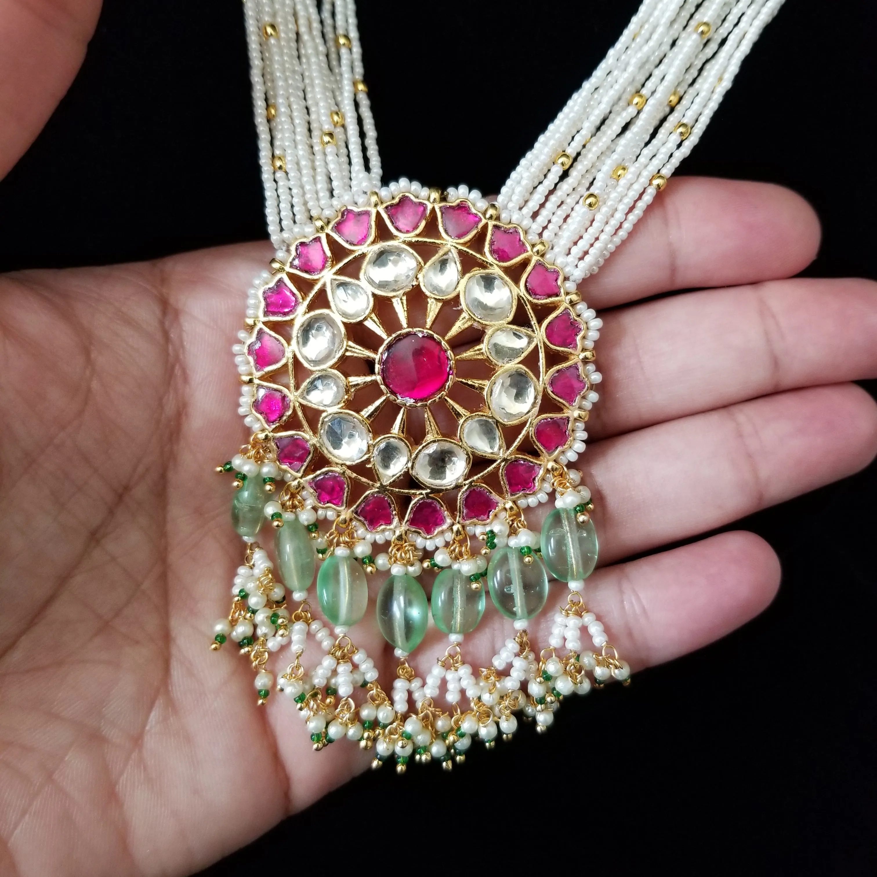 Mid Length Pachi Kundan Pearl Maala With Gold Plating