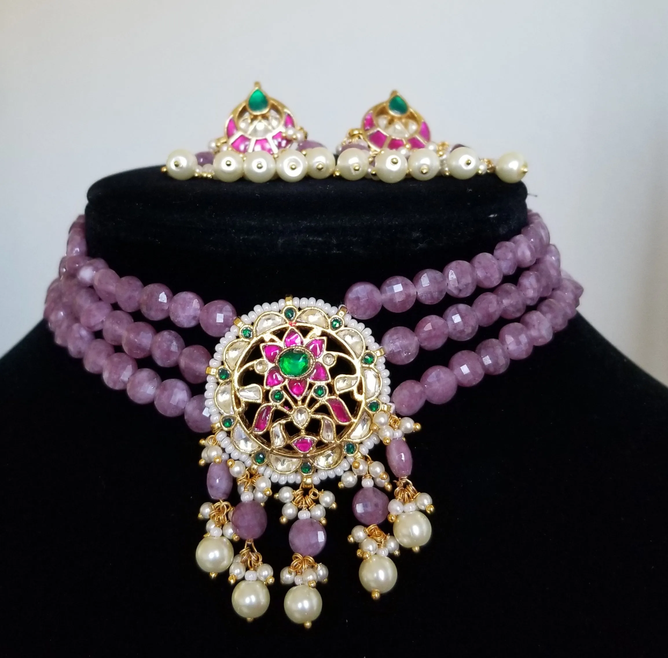 Mona Pachi Kundan Grape Color Beads Choker Set