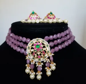 Mona Pachi Kundan Grape Color Beads Choker Set
