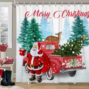 NEW Christmas Shower Curtains Farm Red Truck Santa Claus Snowman Xmas Trees Winter Forest New Year Wall Hanging Home Bathroom Decor, 72 INCH X 72 INCH