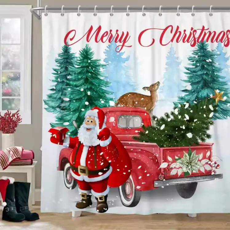 NEW Christmas Shower Curtains Farm Red Truck Santa Claus Snowman Xmas Trees Winter Forest New Year Wall Hanging Home Bathroom Decor, 72 INCH X 72 INCH