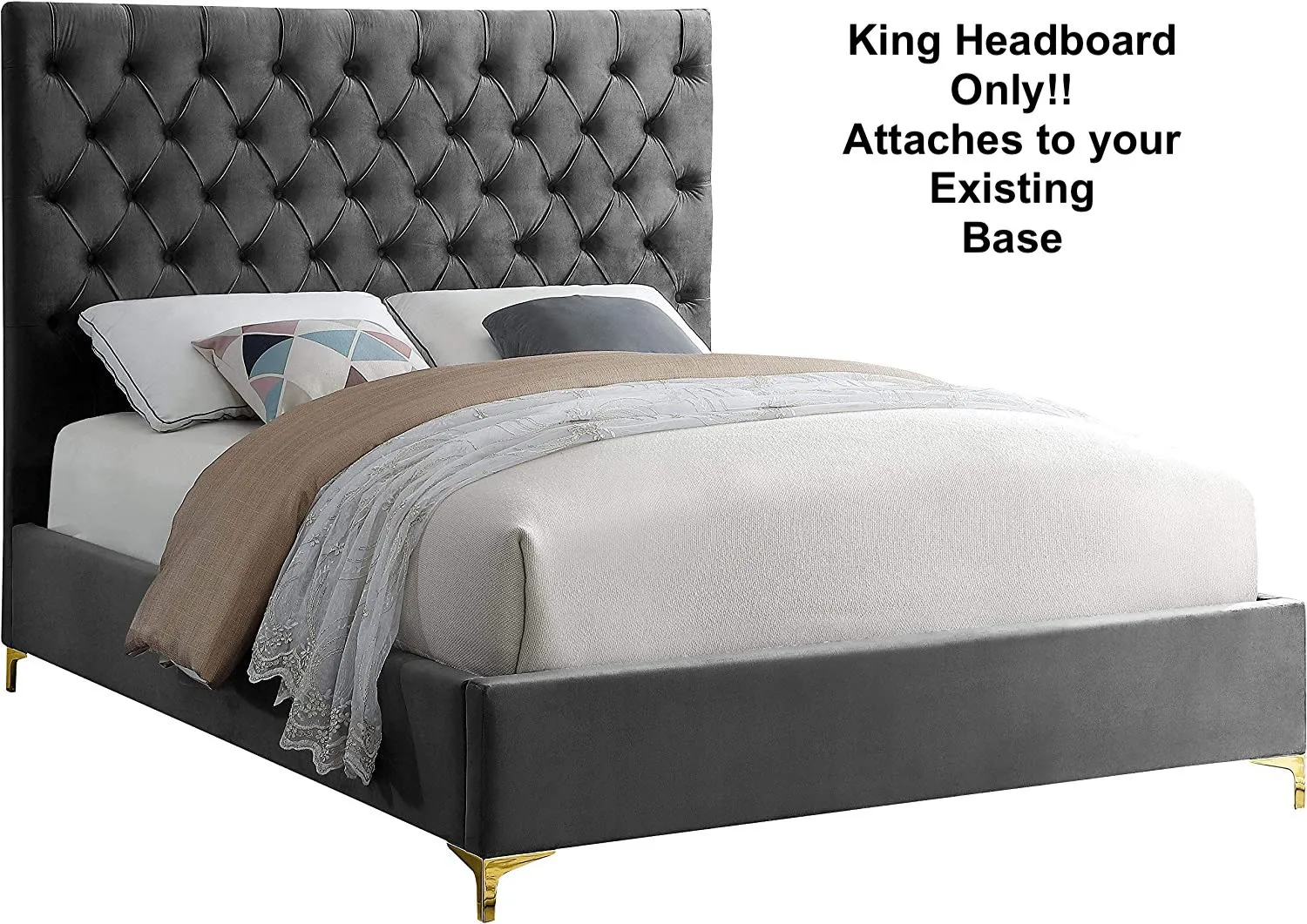 New in box! Meridian Furniture Cruz Collection Modern Contemporary Velvet Upholstered High Headboard, Grey, KING! Attaches to your existing base!