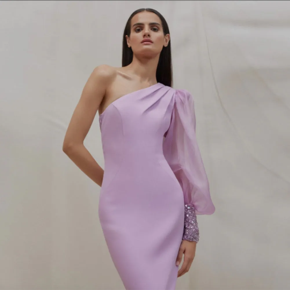 One Shoulder Long Sleeve Tulle Midi Dress KLYF915