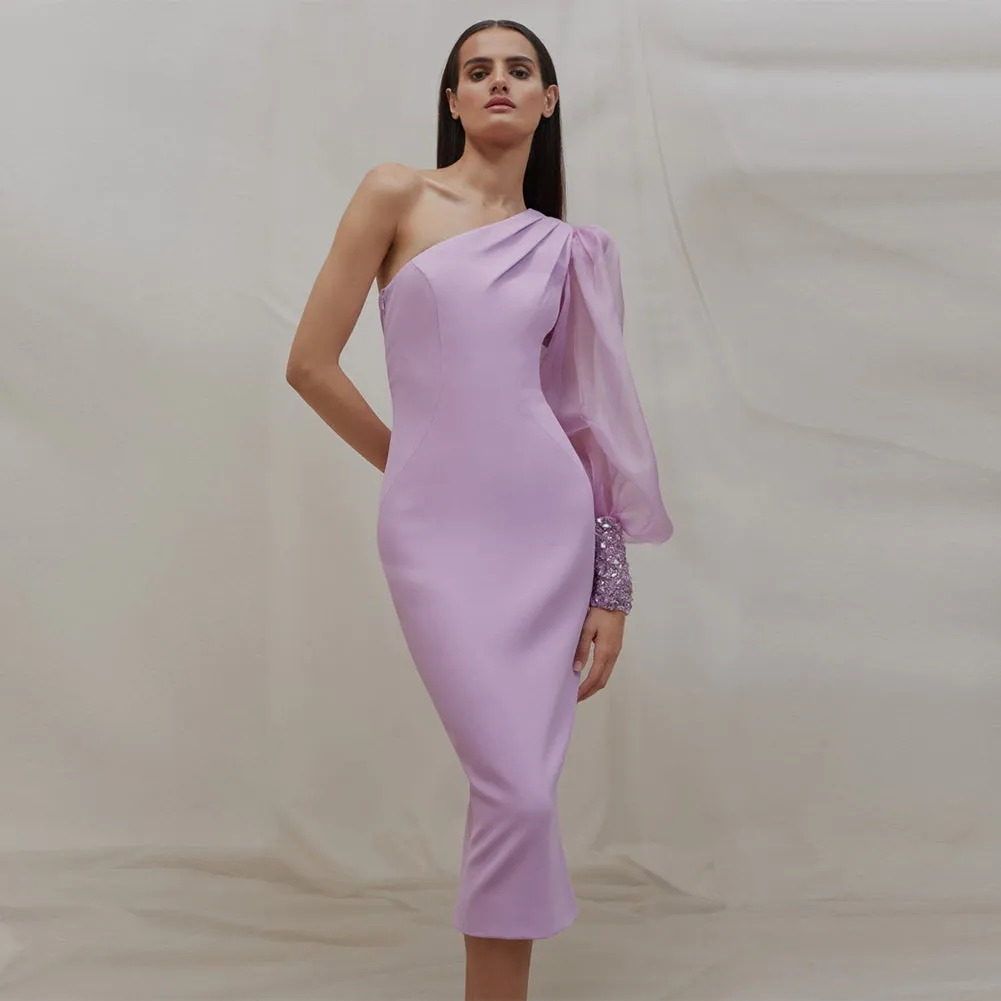 One Shoulder Long Sleeve Tulle Midi Dress KLYF915