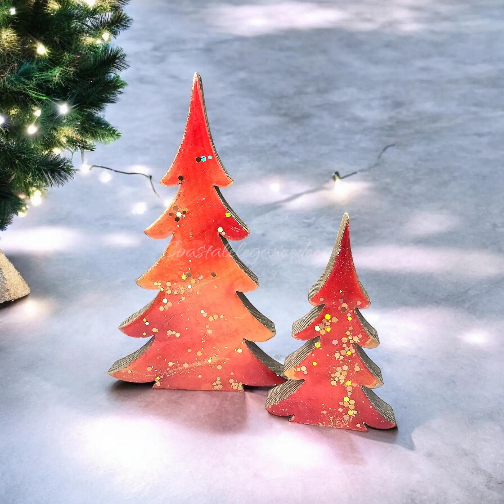 Orange Gold Sunset Chunky Wood Contemporary Mantel Christmas Trees with Branches Holiday Decoration Lg or Sm