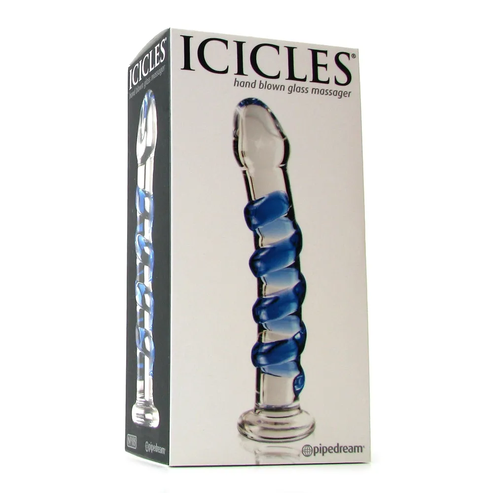 Pipedream Icicles No. 5 Curved Ribbed 7 in. Glass Dildo Blue/Clear