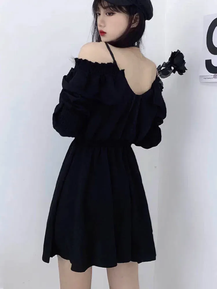 Plus Size Women's Gothic Black Mini Dress Sexy Off Shoulder High Waist Vintage Party Dress Long Sleeve V Neck Dress