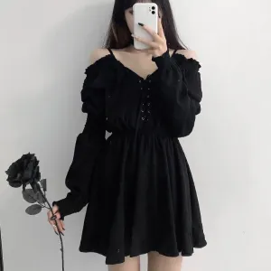 Plus Size Women's Gothic Black Mini Dress Sexy Off Shoulder High Waist Vintage Party Dress Long Sleeve V Neck Dress