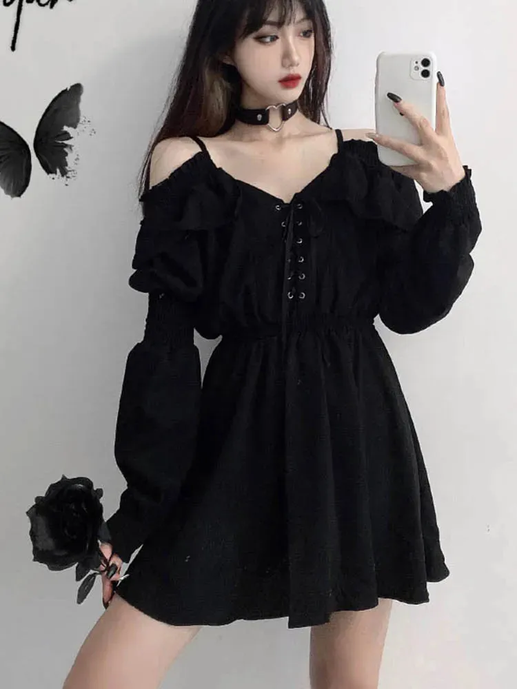 Plus Size Women's Gothic Black Mini Dress Sexy Off Shoulder High Waist Vintage Party Dress Long Sleeve V Neck Dress