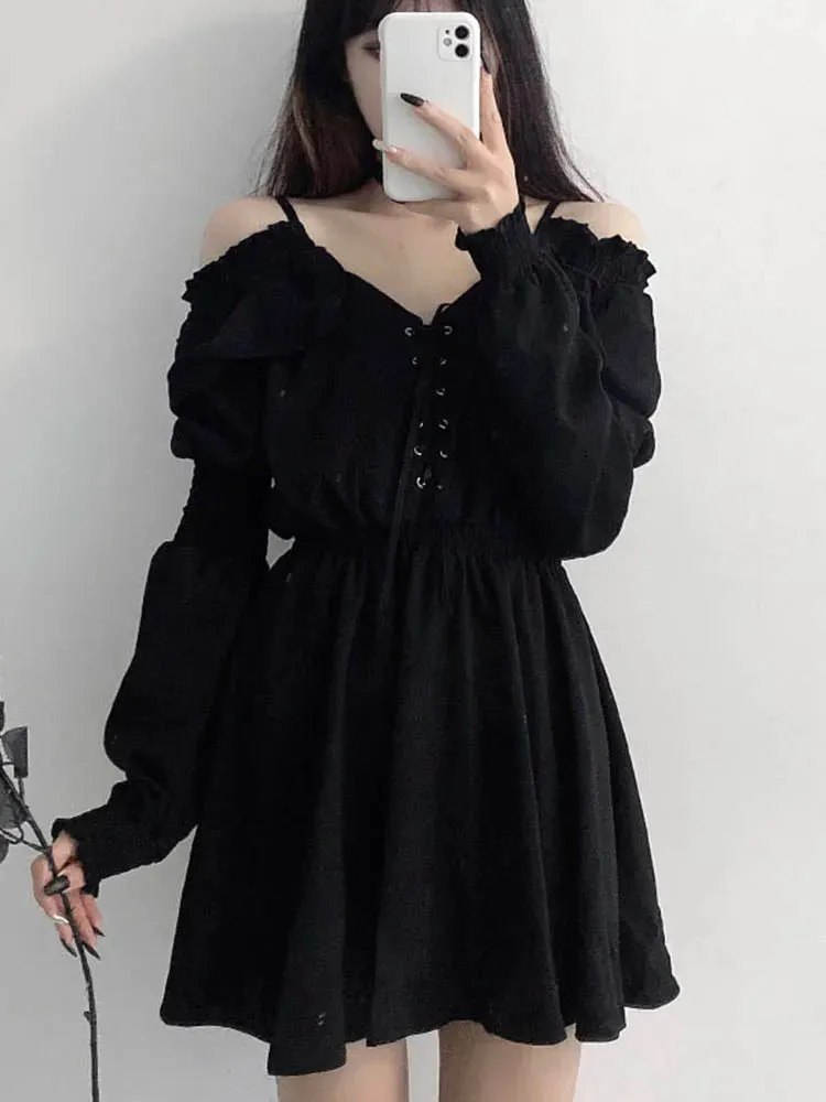 Plus Size Women's Gothic Black Mini Dress Sexy Off Shoulder High Waist Vintage Party Dress Long Sleeve V Neck Dress