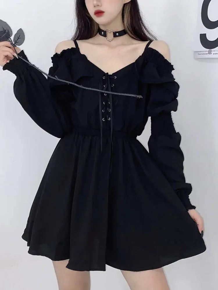Plus Size Women's Gothic Black Mini Dress Sexy Off Shoulder High Waist Vintage Party Dress Long Sleeve V Neck Dress