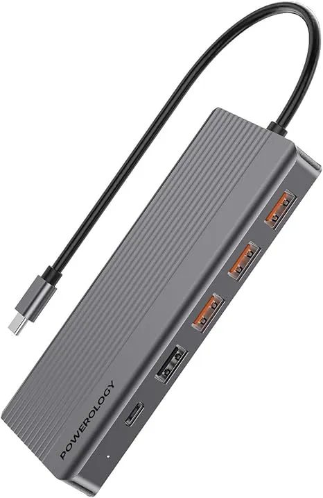 Powerology 12 in 1 Dual Hdmi & DP 4K USB-C Hub Ethernet 10Gbps Data Transfer