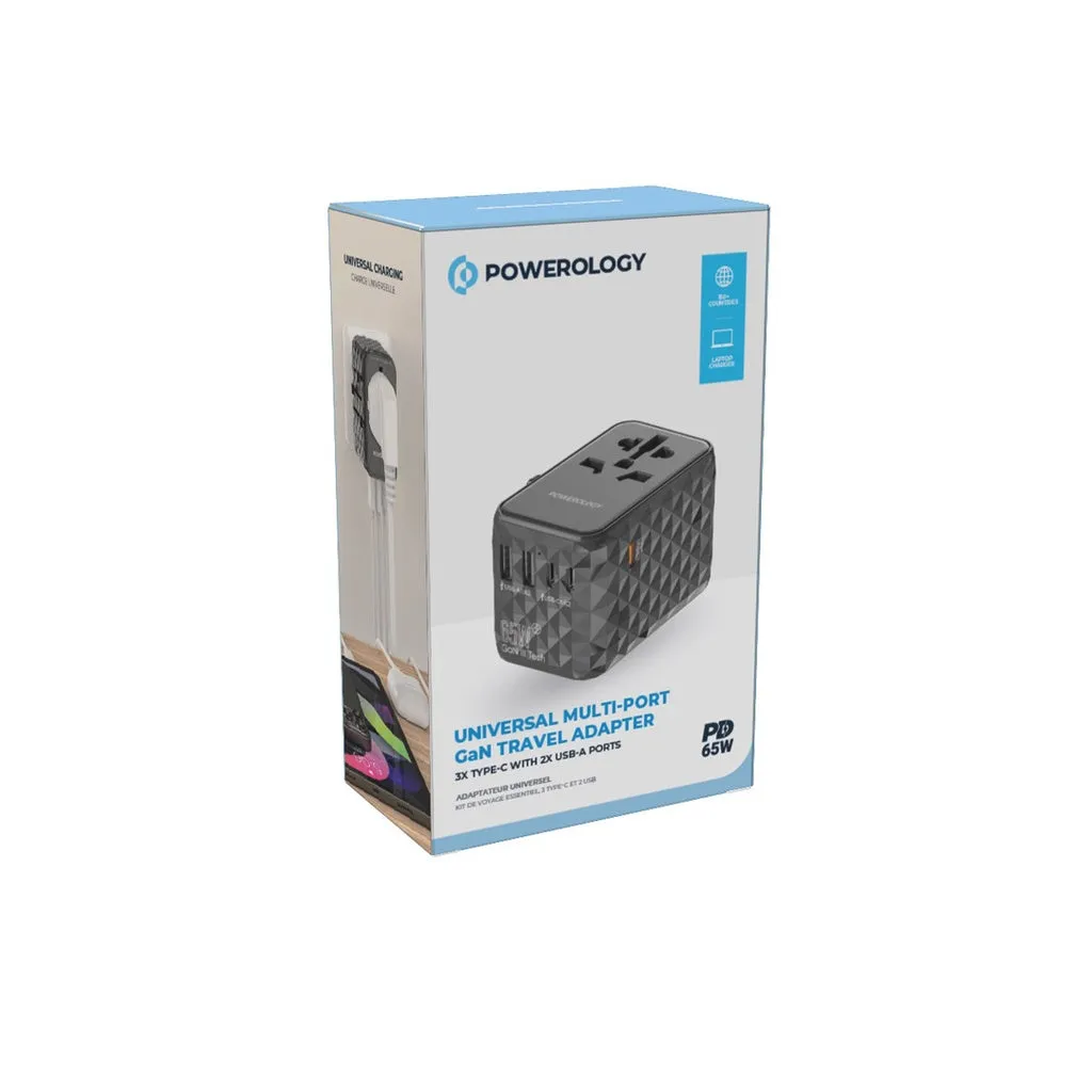 Powerology Universal Multi-Port Travel Adapter  With 3 Type-C Transparent Grey
