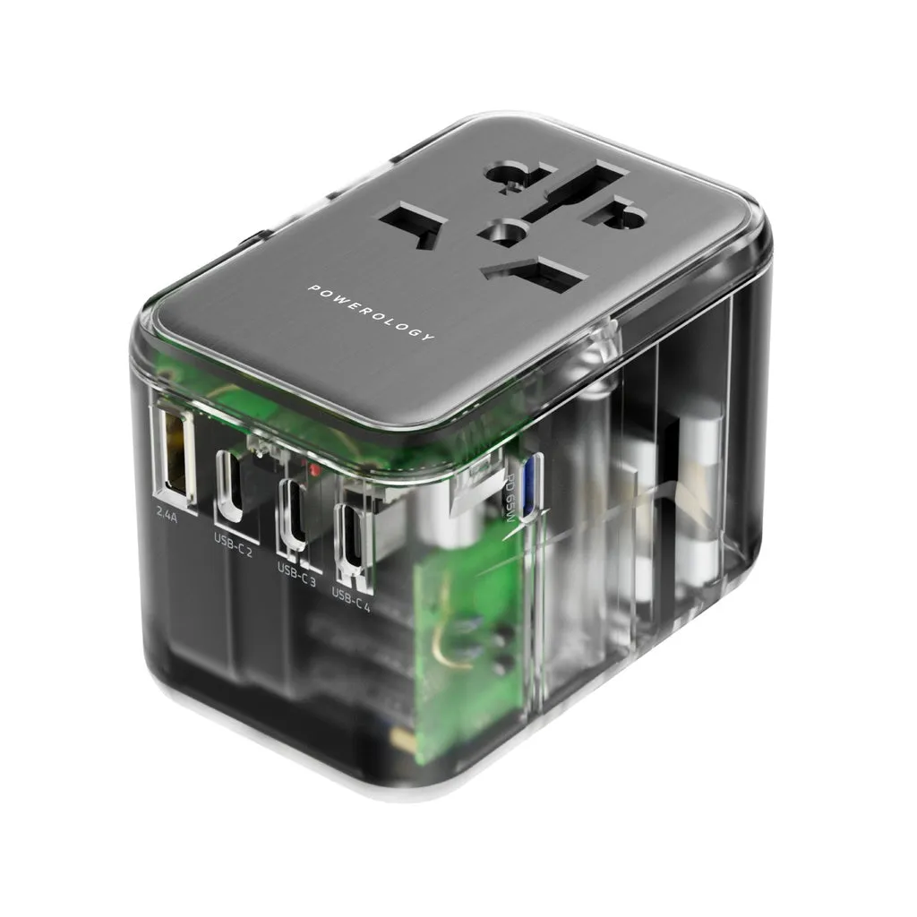 Powerology Universal Multi-Port Travel Adapter  With 4 Type-C Grey