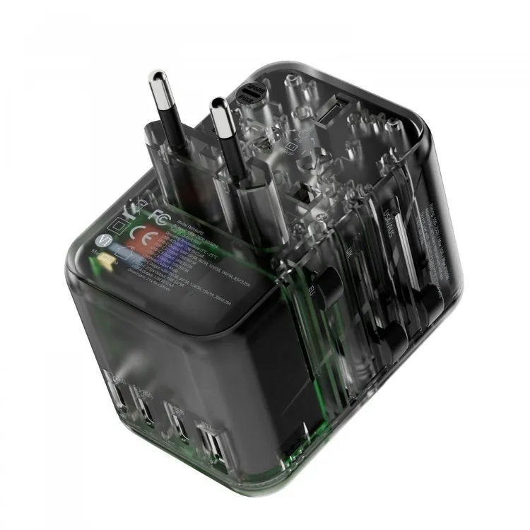 Powerology Universal Multi-Port Travel Adapter  With 4 Type-C Transparent Grey