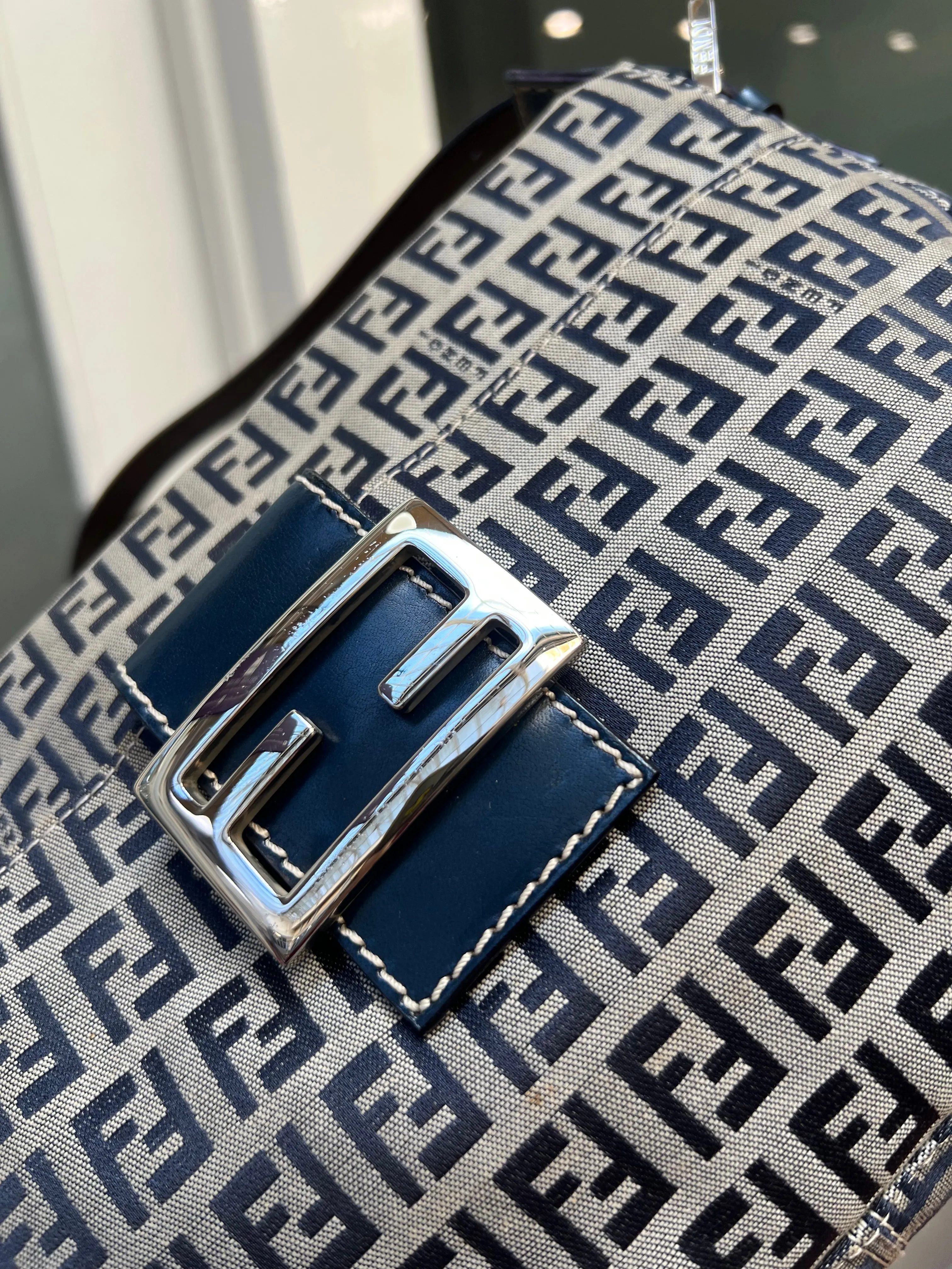 Pre-loved Fendi Monogram FF Mama Forever Baguette Flap Navy Blue