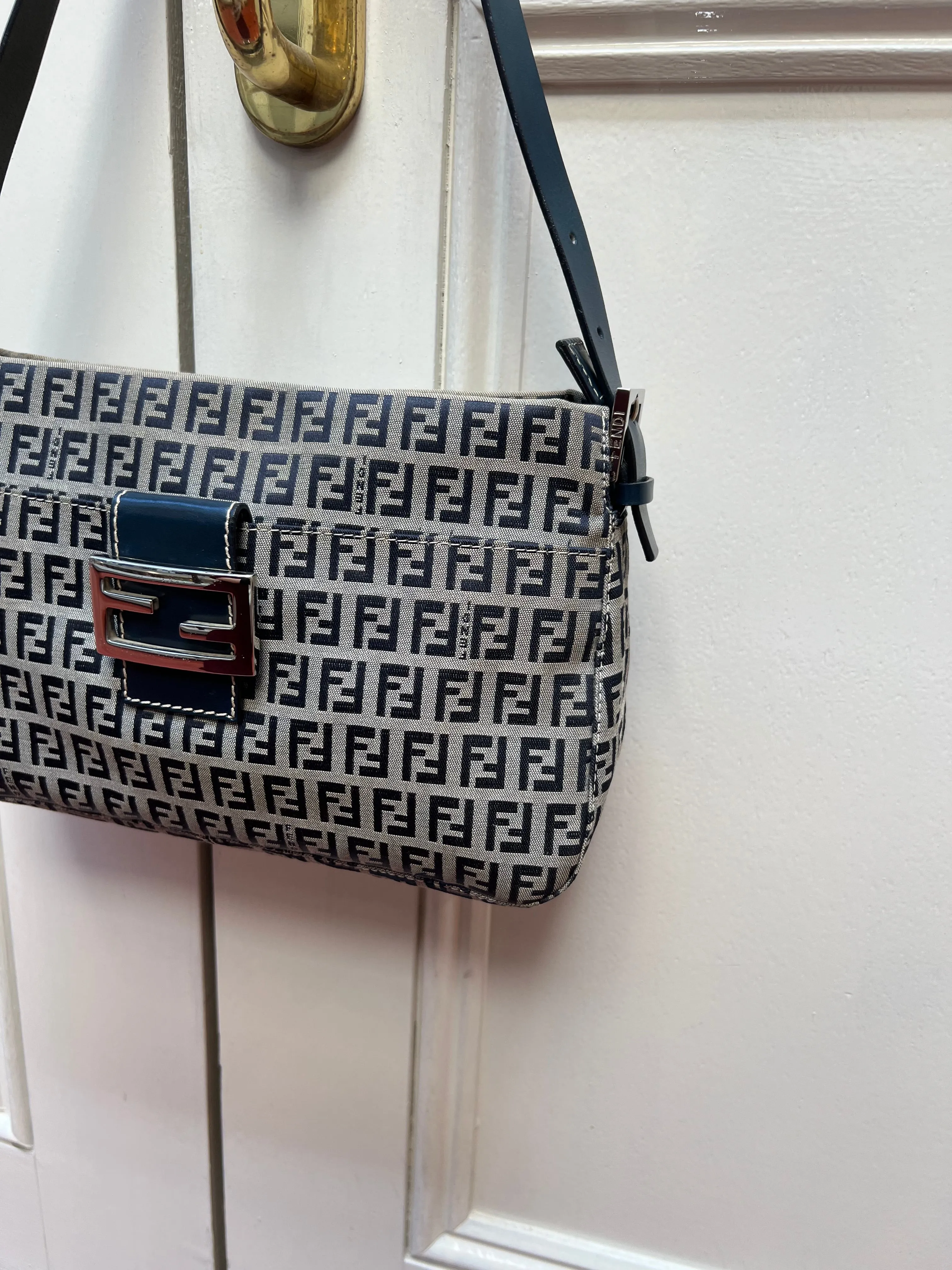 Pre-loved Fendi Monogram FF Mama Forever Baguette Flap Navy Blue