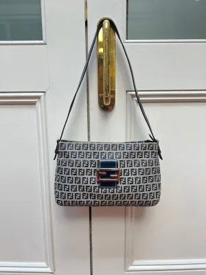 Pre-loved Fendi Monogram FF Mama Forever Baguette Flap Navy Blue