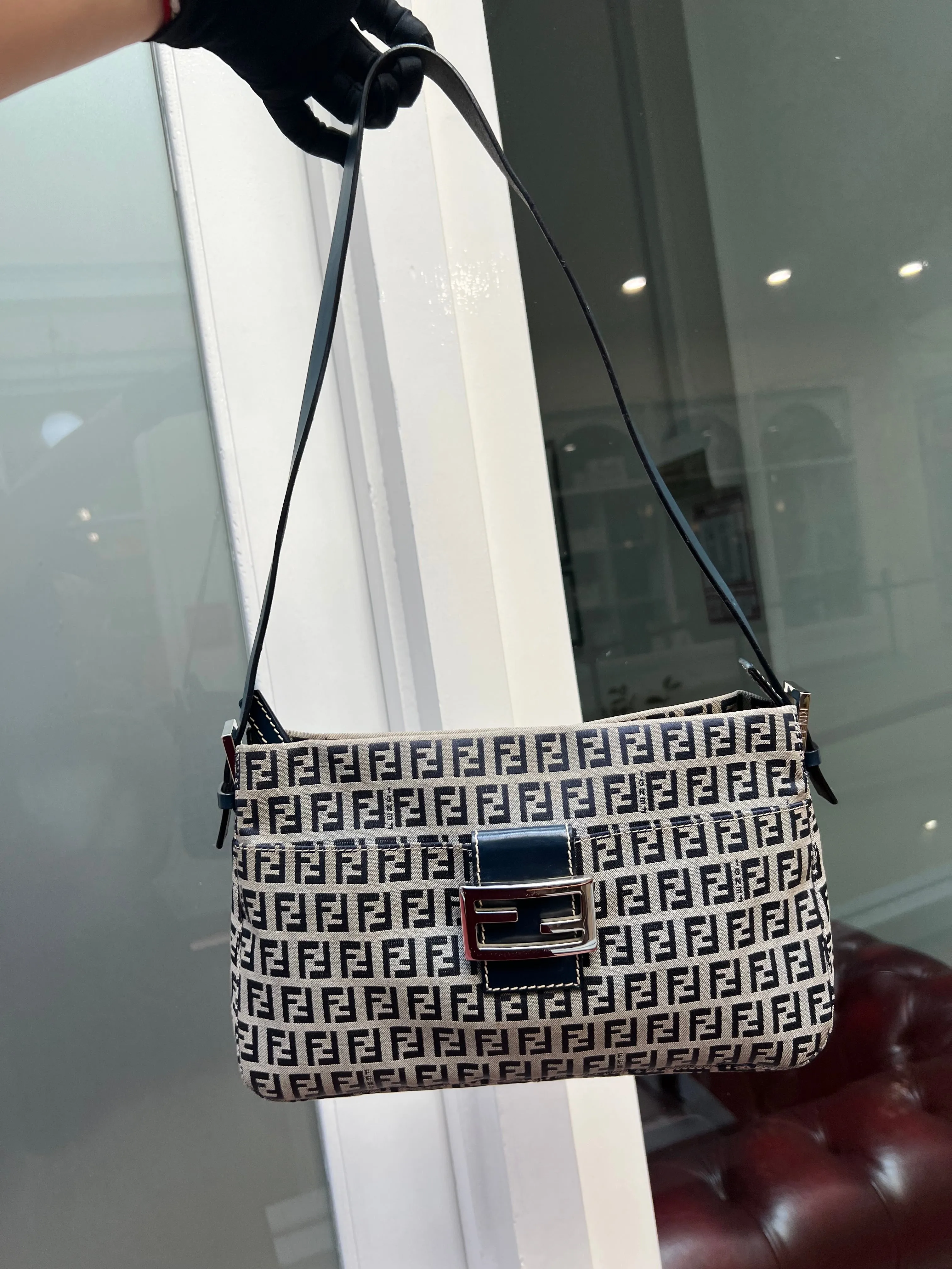 Pre-loved Fendi Monogram FF Mama Forever Baguette Flap Navy Blue