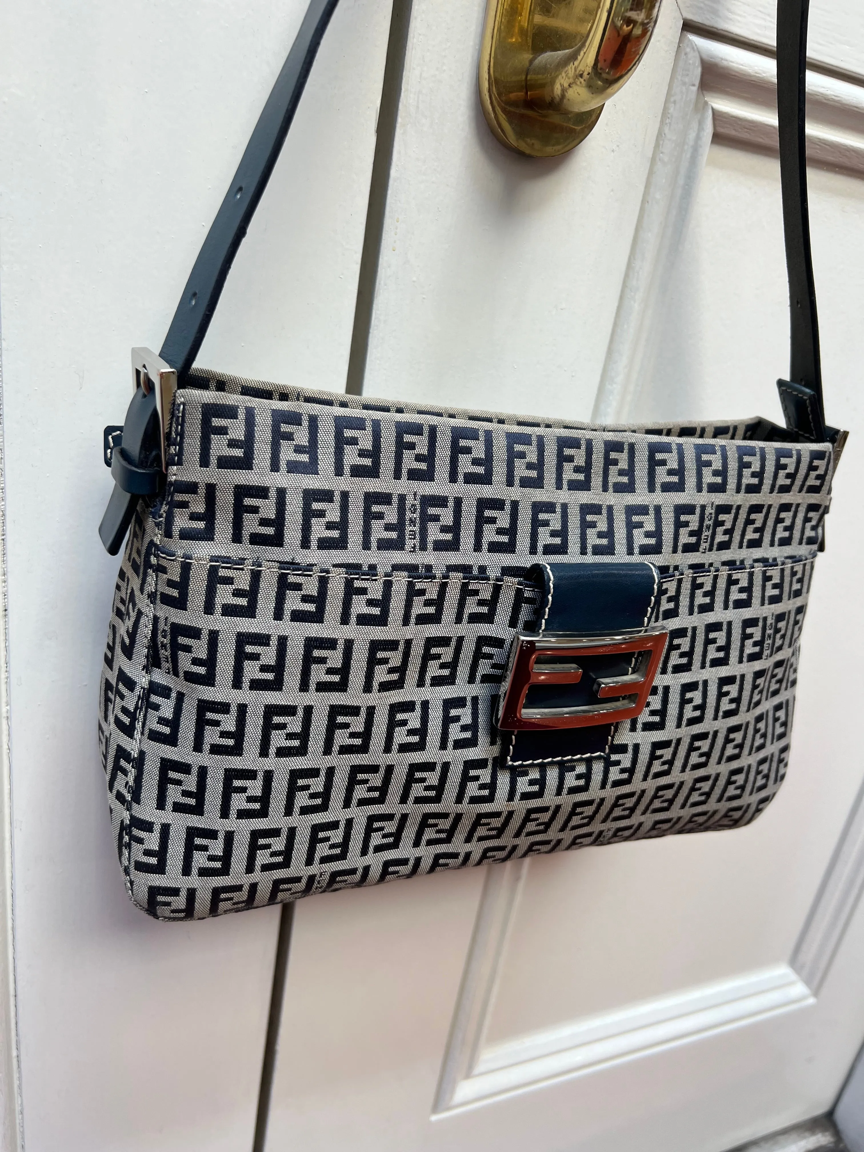 Pre-loved Fendi Monogram FF Mama Forever Baguette Flap Navy Blue