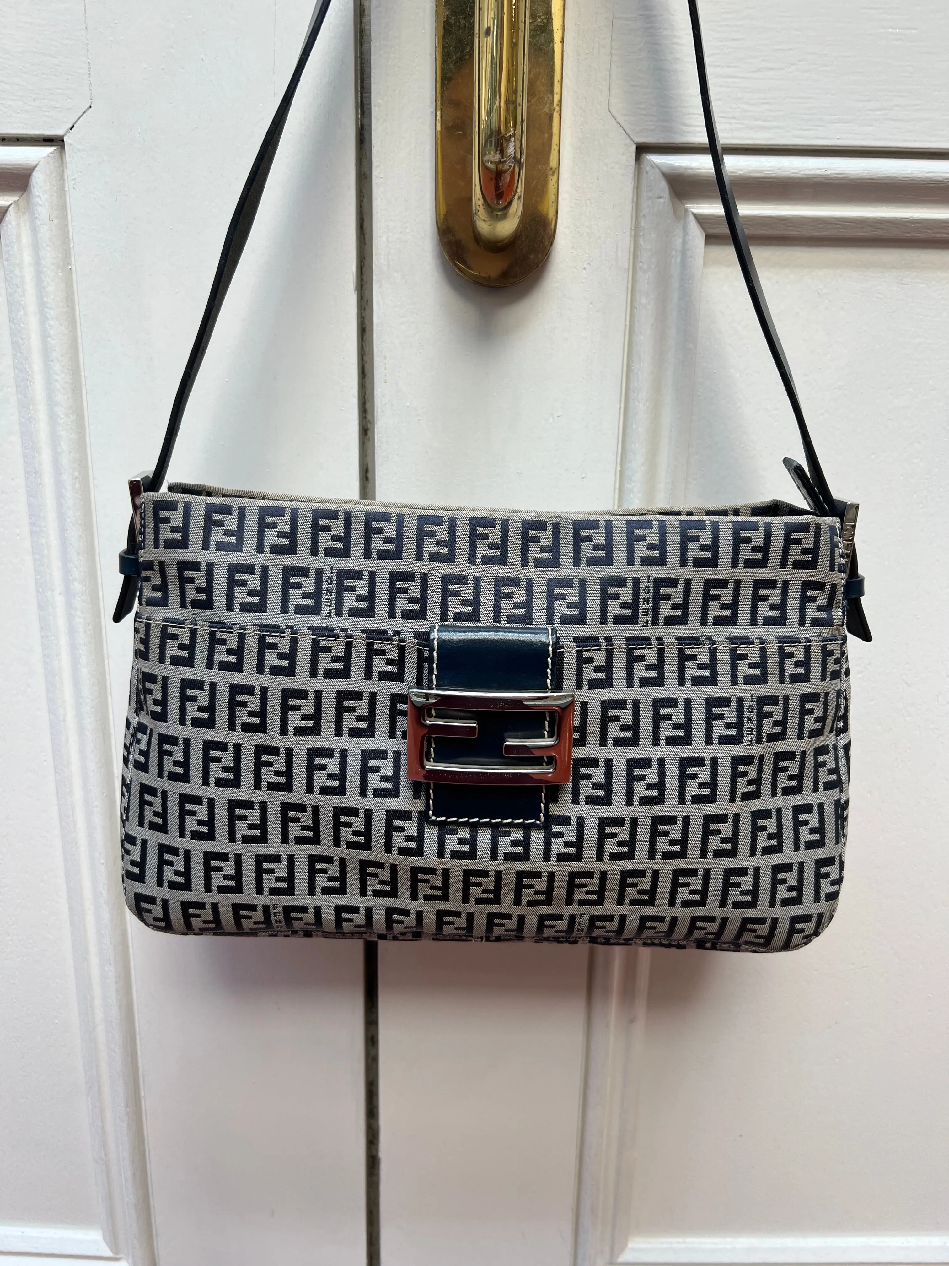 Pre-loved Fendi Monogram FF Mama Forever Baguette Flap Navy Blue