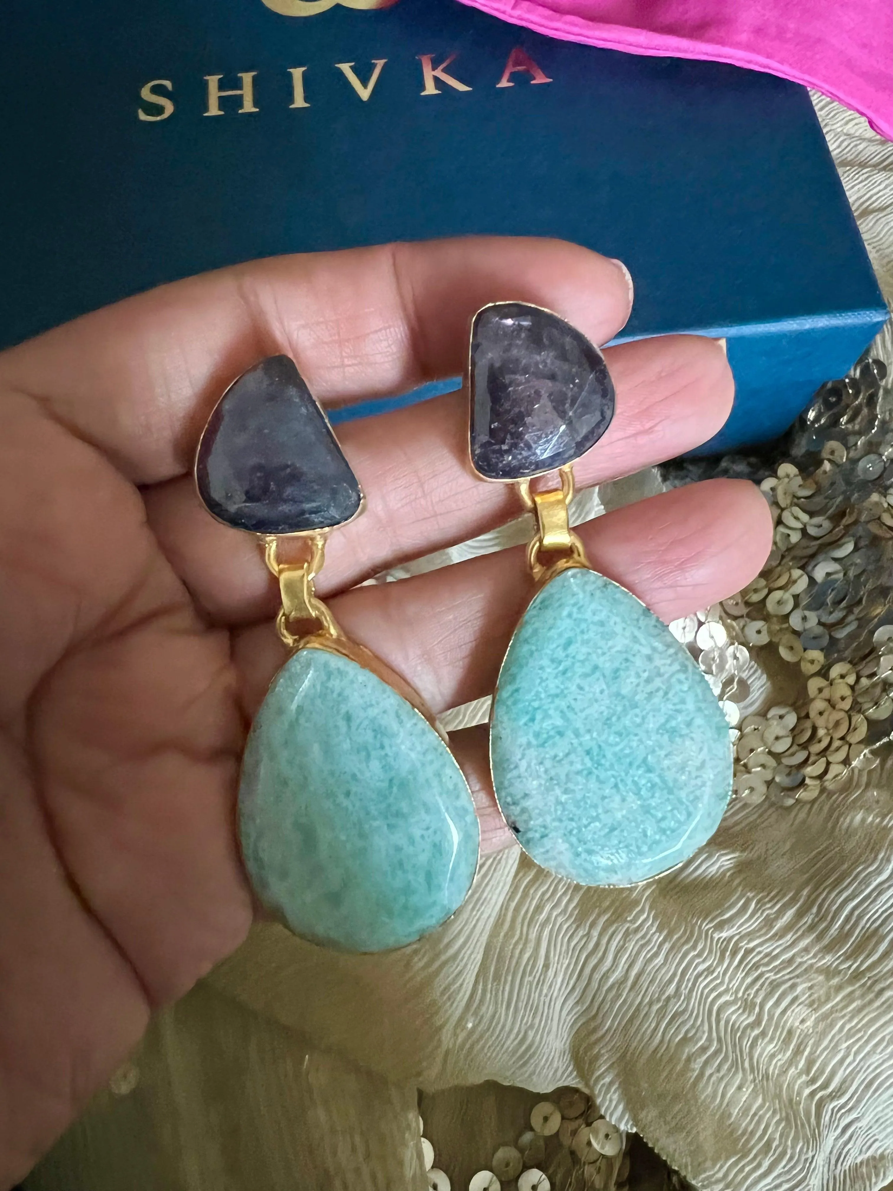 Premium Sapphire and Amazonite Earrings