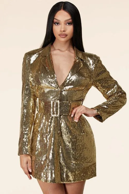 "LAS VEGAS" GOLD LONG SLEEVE SEQUIN MINI DRESS