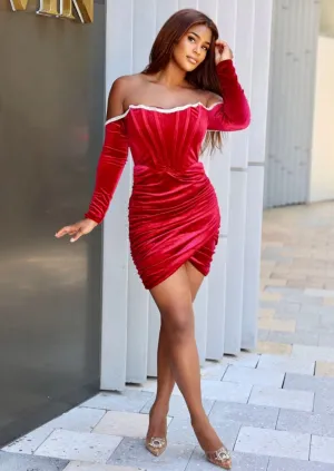 "MADISON" BURGUNDY VELVET OFF SHOULDER MINI DRESS