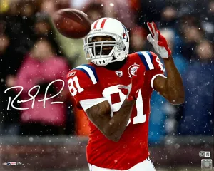 Randy Moss New England Patriots Signed Throwback Snow Catch 16x20 Photo BAS