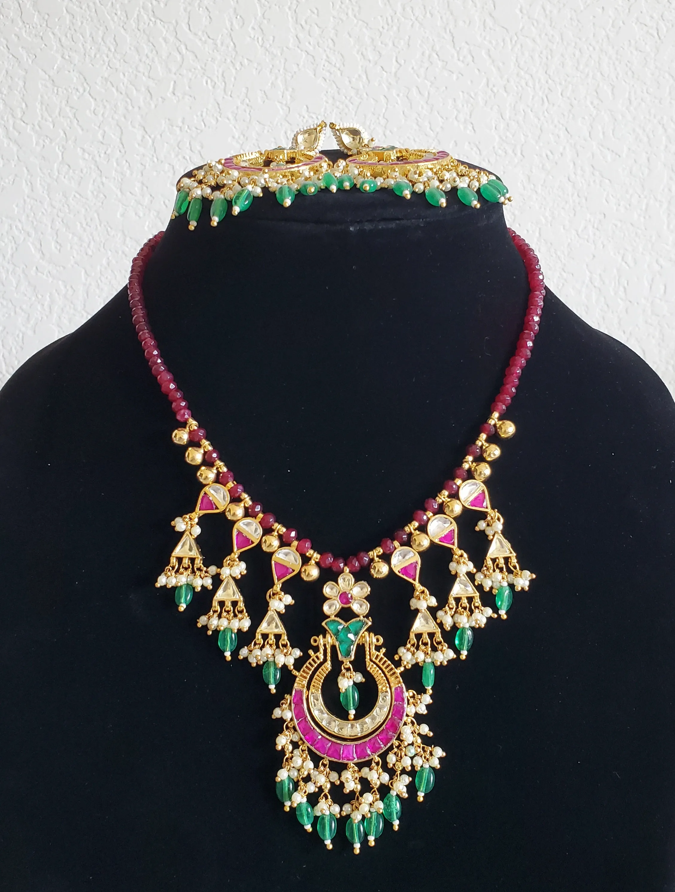 Red BeadsPachi Kundan Necklace Set With Gold Plating