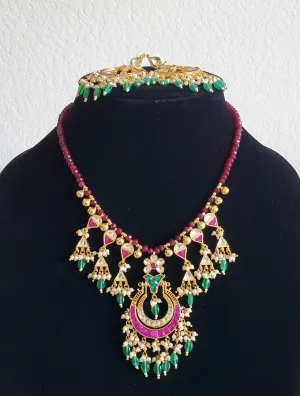 Red BeadsPachi Kundan Necklace Set With Gold Plating