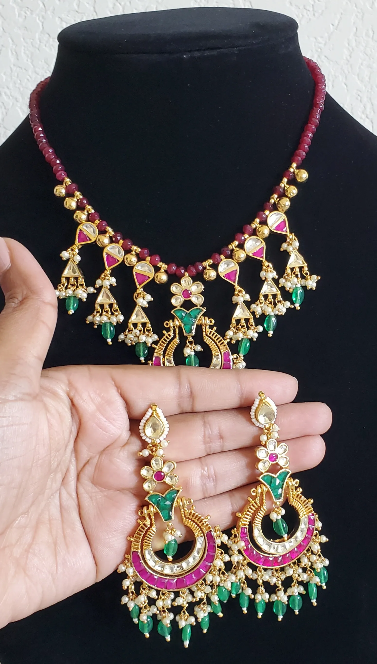 Red BeadsPachi Kundan Necklace Set With Gold Plating