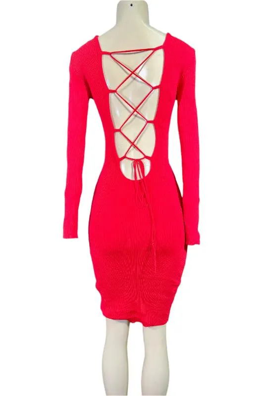 Ribbed, Long Sleeve Dress with Low Cut, Lace Up Back