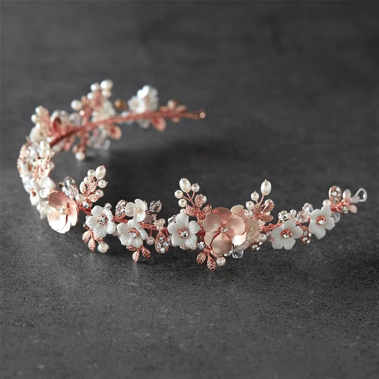 Rose Gold Floral Tiara with Porcelain Flowers & Freshwater Pearls